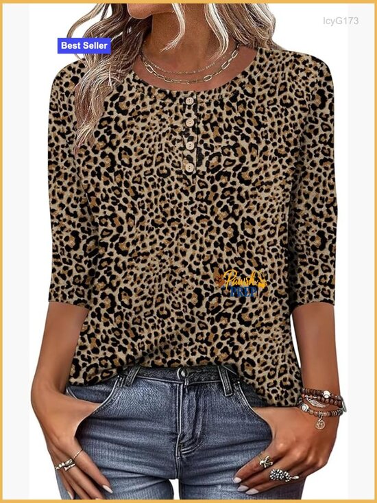 Tops - 3/4 Sleeve Tunic Top, Crew Neck, Loose Fit, Polyester Spandex Blend